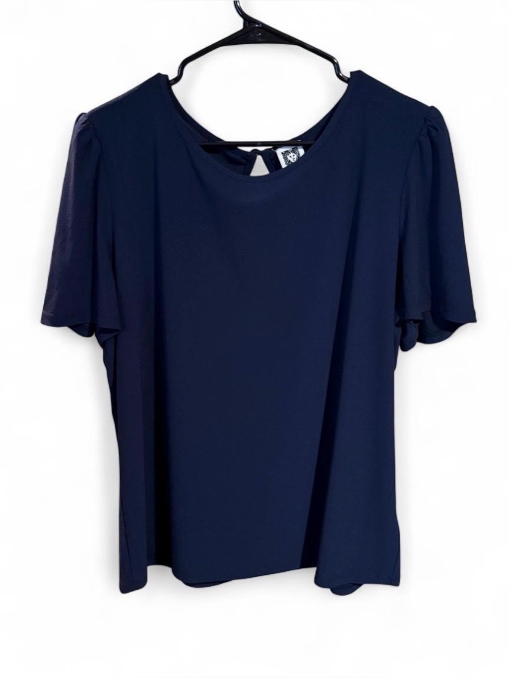 Anne Klein Navy Short Flutter Sleeve Keyhole Blouse